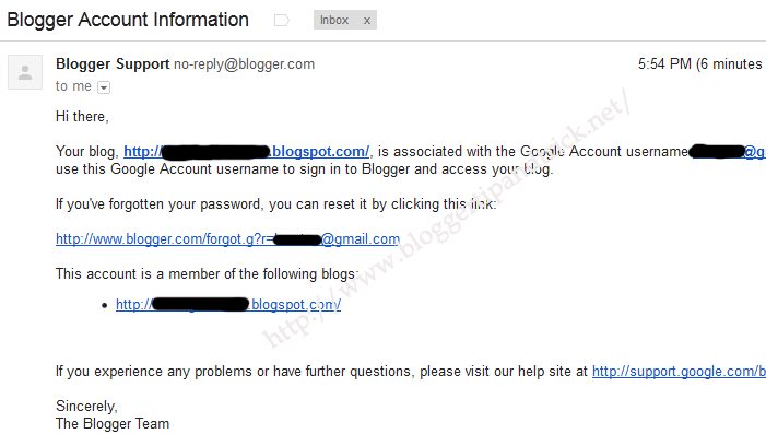 Blogger Account Information email