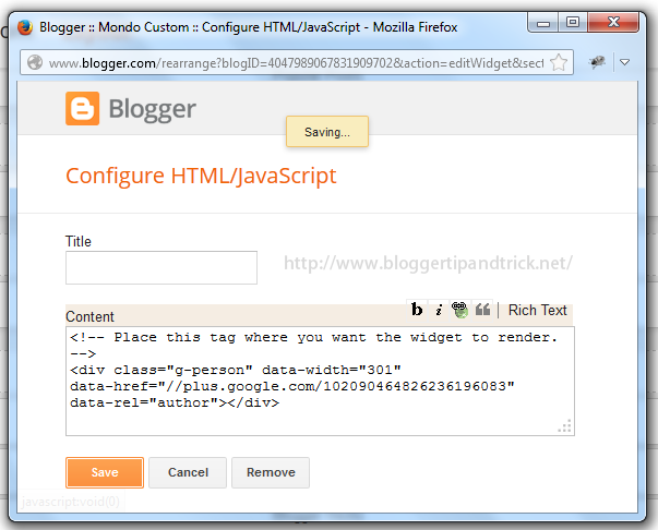 Add Googleplus Profile Code to HTML-JavaScript Box