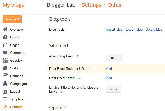 Blogger Post Feed Settings