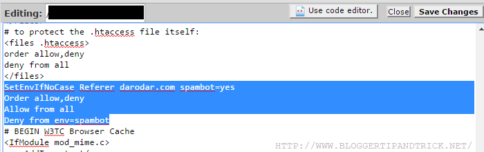 Add Darodar Block Code into htaccess