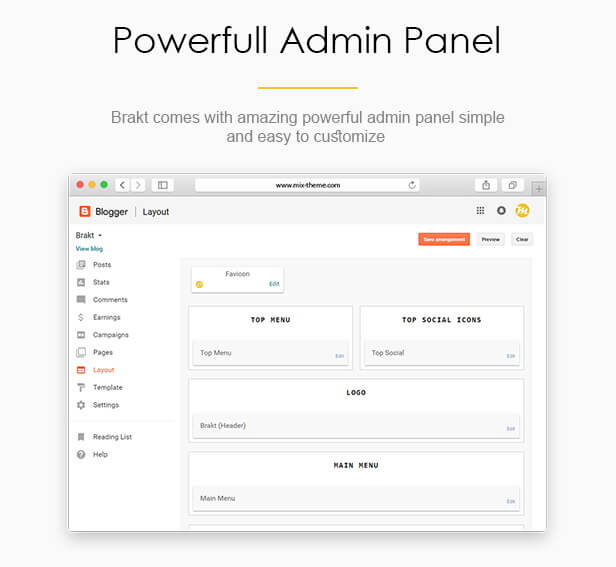 Powerful Admin Panel - Brakt Blogger Template