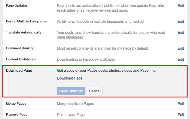 Facebook Download Page Setting