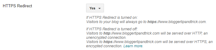 Blogger HTTPS Redirect Option for Custom Domains